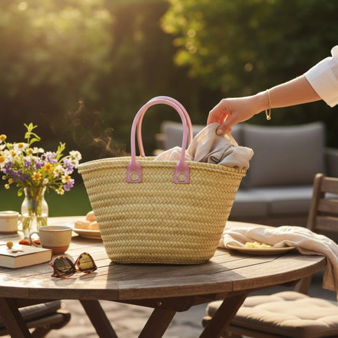 Large Handmade Moroccan Straw Basket with Personalized Leather Handles