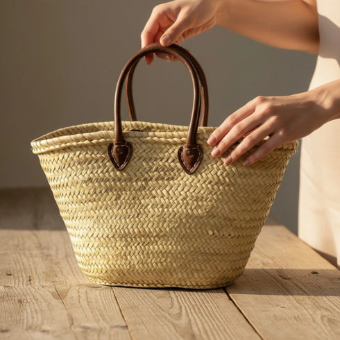 Large Moroccan Straw Basket with Round Leather Handles – straw bag basket