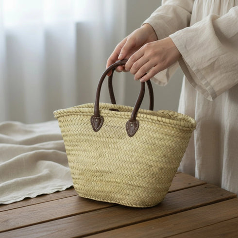 Large Moroccan Straw Basket with Round Leather Handles – straw bag basket