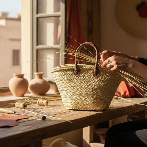 Large Moroccan Straw Basket with Round Leather Handles – straw bag basket