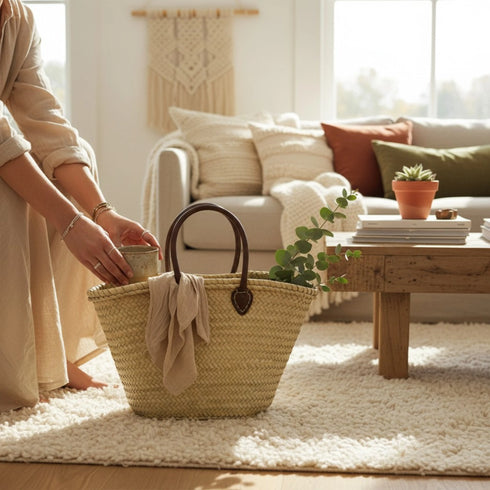 Large Moroccan Straw Basket with Round Leather Handles – straw bag basket