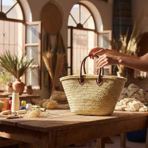Large Moroccan Straw Basket with Round Leather Handles – straw bag basket