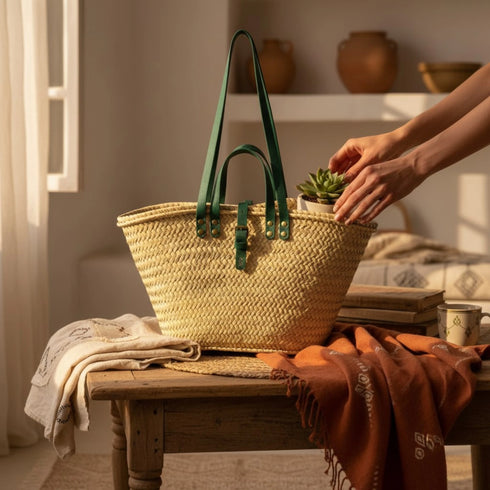 Handwoven large Moroccan straw basket with leather handles