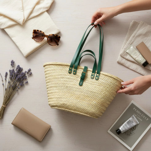 Handwoven large Moroccan straw basket with leather handles