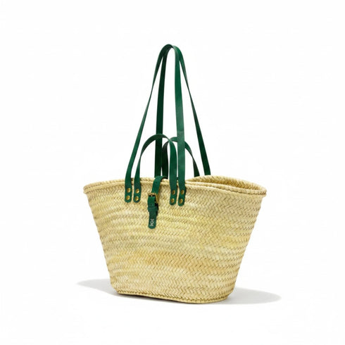 Handwoven large Moroccan straw basket with leather handles