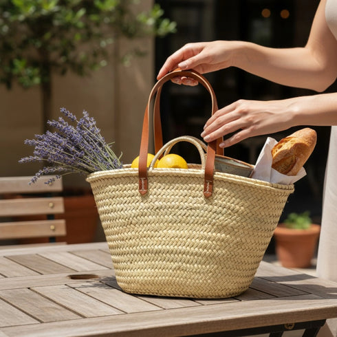 Moroccan straw basket with long leather handles