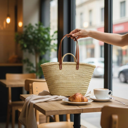 Moroccan straw basket with long leather handles