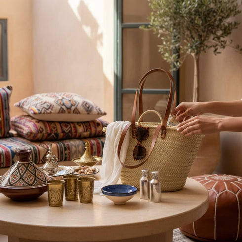 Moroccan straw basket with long leather handles