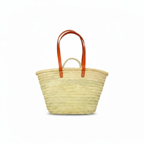 Moroccan straw basket with long leather handles