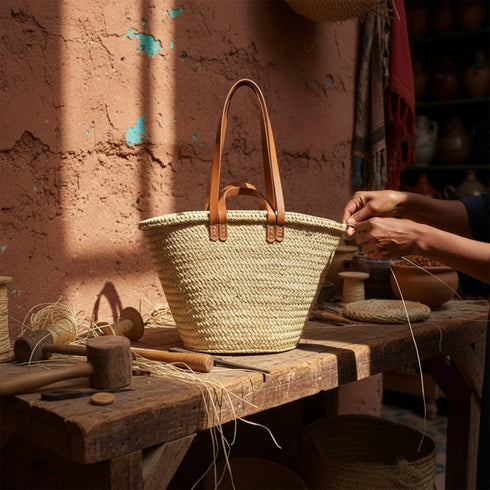 Moroccan straw basket with flat leather handles