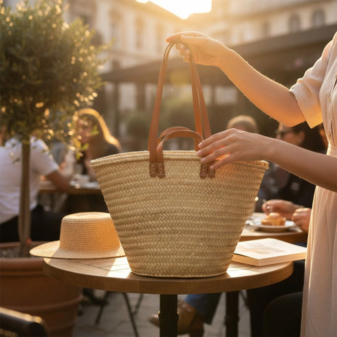 Moroccan straw basket with flat leather handles