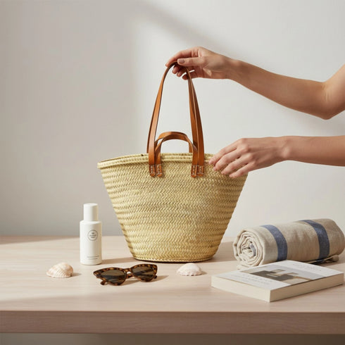 Moroccan straw basket with flat leather handles
