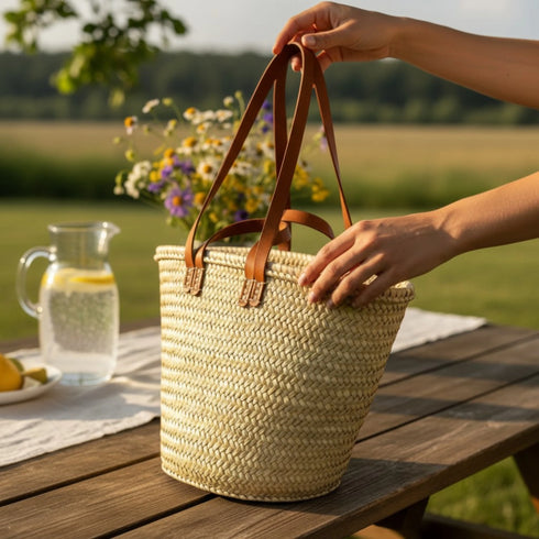 Moroccan straw basket with flat leather handles