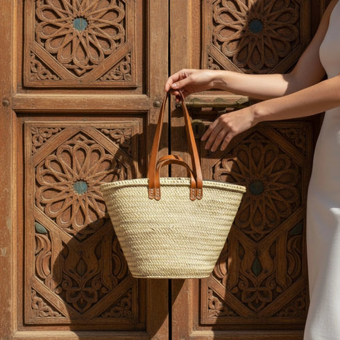 Moroccan straw basket with flat leather handles