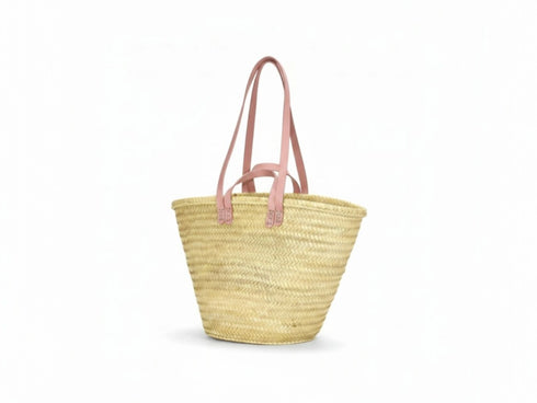 Moroccan straw basket with flat leather handles