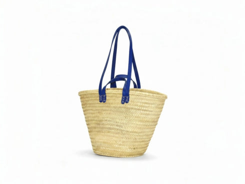 Moroccan straw basket with flat leather handles