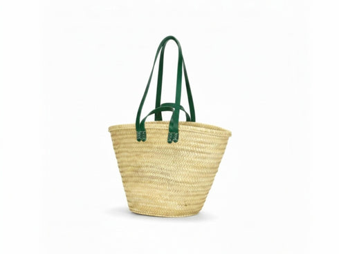 Moroccan straw basket with flat leather handles