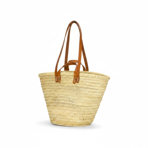 Moroccan straw basket with flat leather handles
