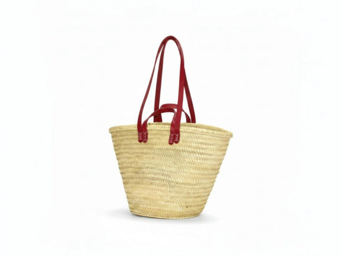 Moroccan straw basket with flat leather handles