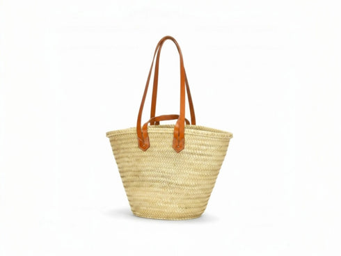 Moroccan straw basket with flat leather handles