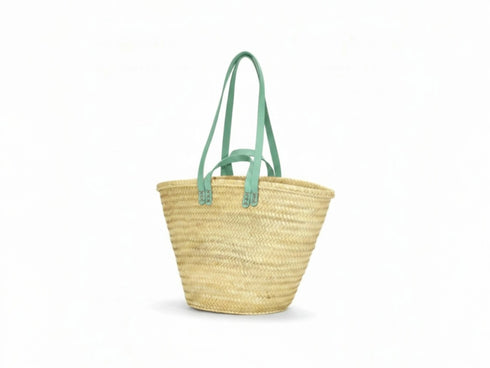 Moroccan straw basket with flat leather handles