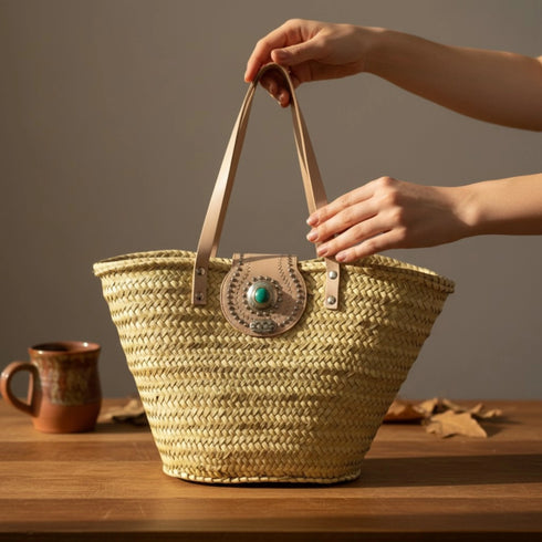 Large handwoven Moroccan straw basket with flat leather handles