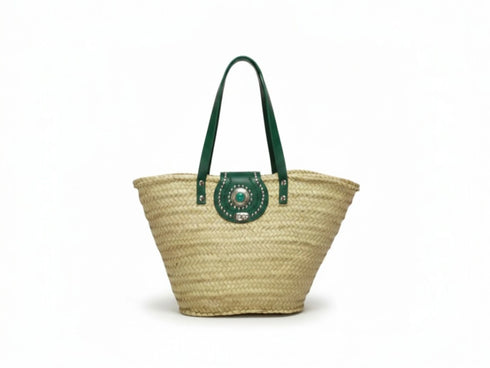 Large handwoven Moroccan straw basket with flat leather handles