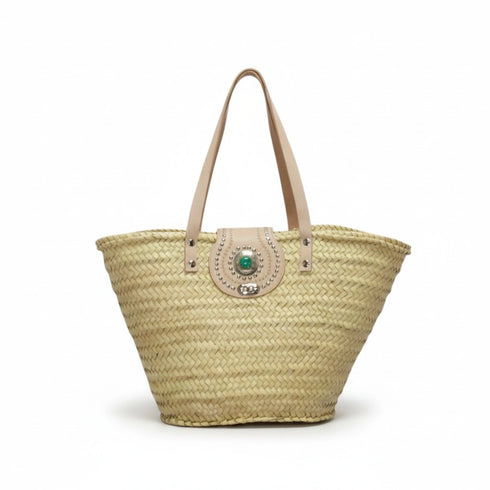 Large handwoven Moroccan straw basket with flat leather handles