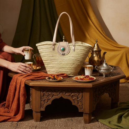 Large handwoven Moroccan straw basket with flat leather handles