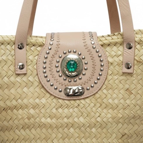Large handwoven Moroccan straw basket with flat leather handles