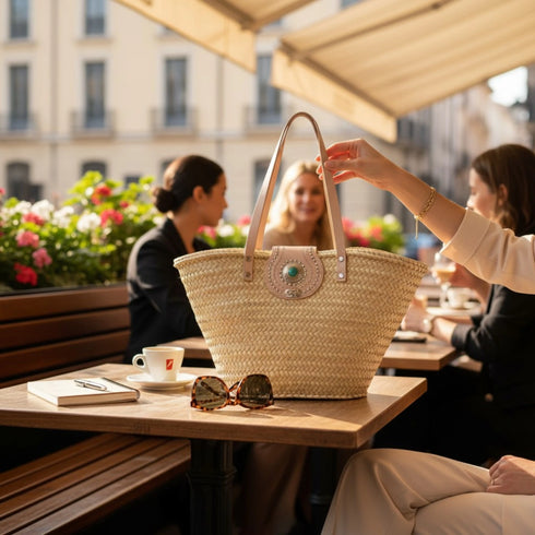 Large handwoven Moroccan straw basket with flat leather handles