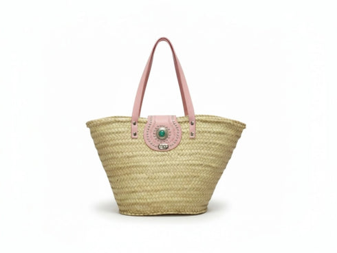 Large handwoven Moroccan straw basket with flat leather handles