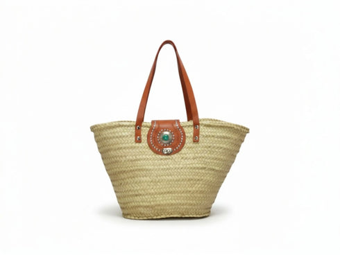 Large handwoven Moroccan straw basket with flat leather handles
