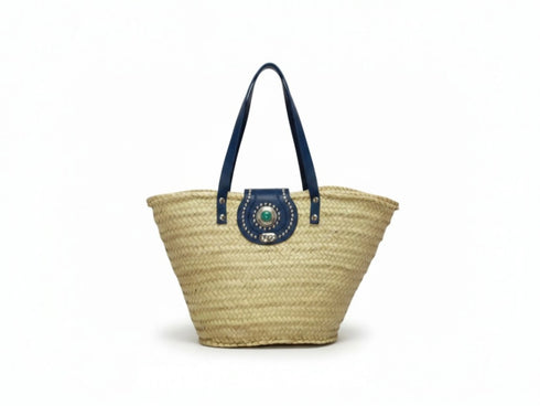 Large handwoven Moroccan straw basket with flat leather handles