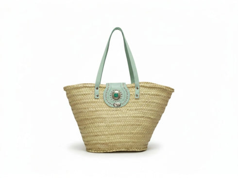 Large handwoven Moroccan straw basket with flat leather handles