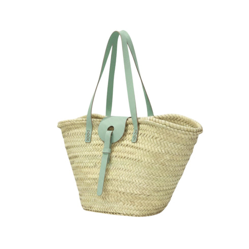 Large handwoven Moroccan straw basket with leather closure