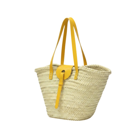 Large handwoven Moroccan straw basket with leather closure