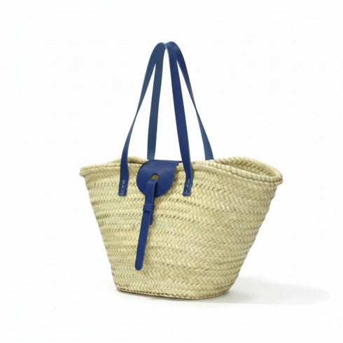 Large handwoven Moroccan straw basket with leather closure