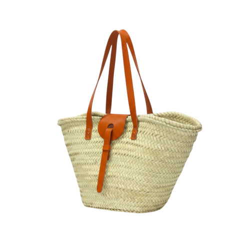 Large handwoven Moroccan straw basket with leather closure