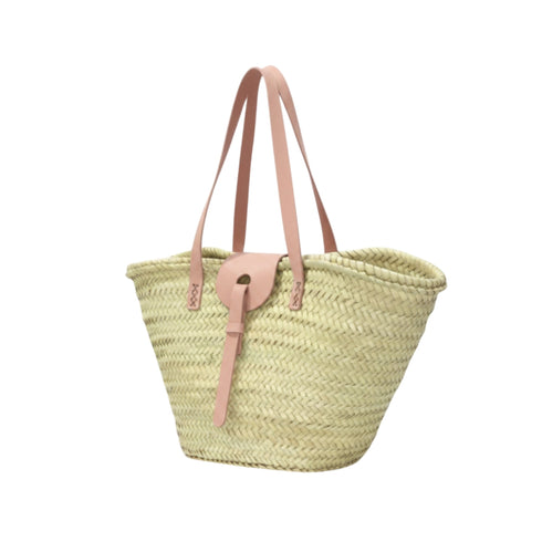 Large handwoven Moroccan straw basket with leather closure