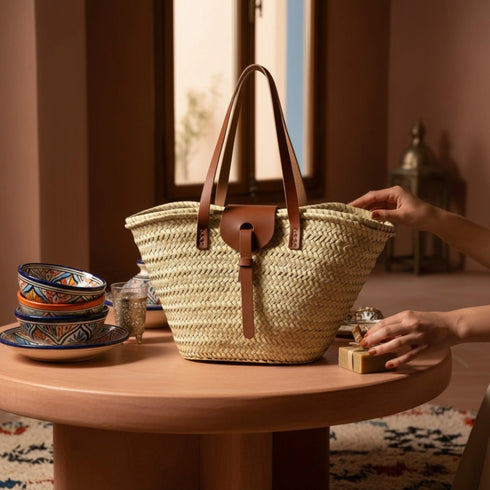 Large handwoven Moroccan straw basket with leather closure
