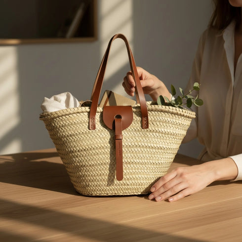 Large handwoven Moroccan straw basket with leather closure