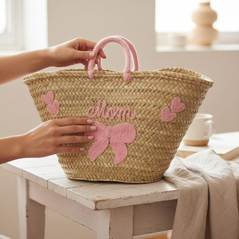 Personalized Handwoven Moroccan Straw Basket with Leather Handles