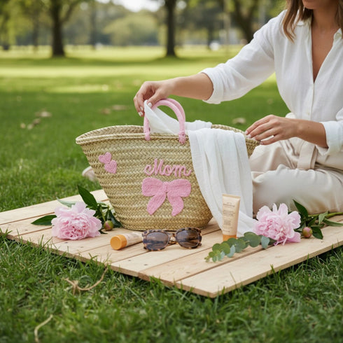 Personalized Handwoven Moroccan Straw Basket with Leather Handles
