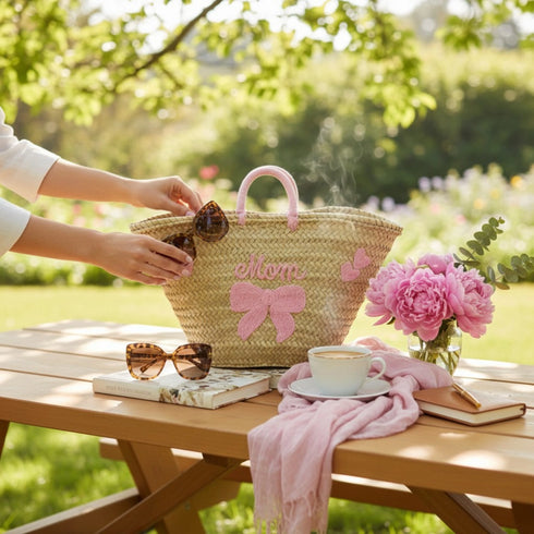 Personalized Handwoven Moroccan Straw Basket with Leather Handles