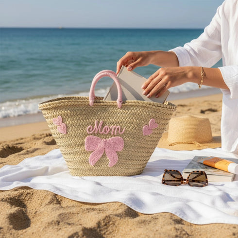 Personalized Handwoven Moroccan Straw Basket with Leather Handles