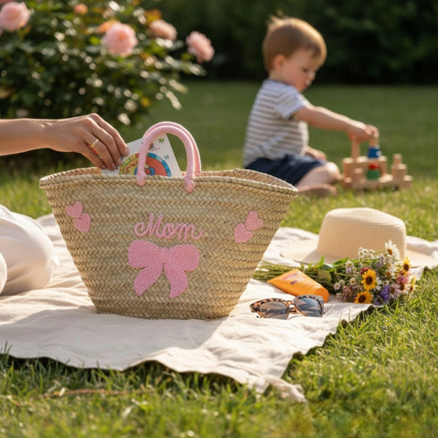 Personalized Handwoven Moroccan Straw Basket with Leather Handles