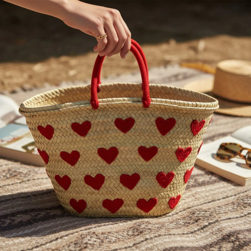 Handwoven Moroccan Straw Basket with Embroidered Hearts – Eco Friendly Straw Tote