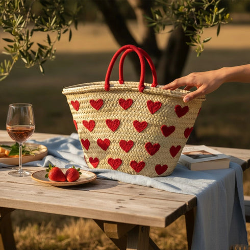 Handwoven Moroccan Straw Basket with Embroidered Hearts – Eco Friendly Straw Tote