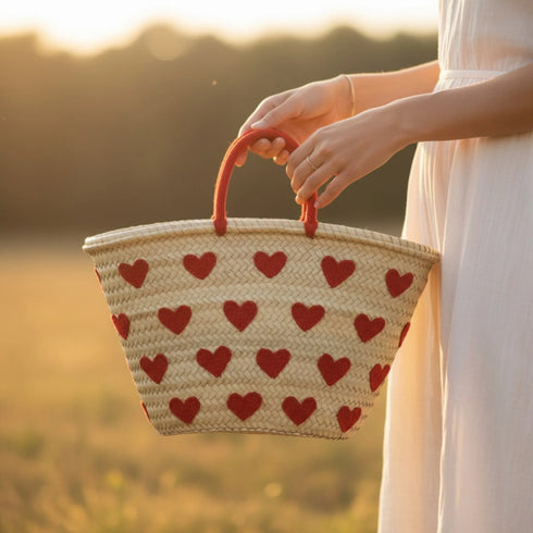 Handwoven Moroccan Straw Basket with Embroidered Hearts – Eco Friendly Straw Tote